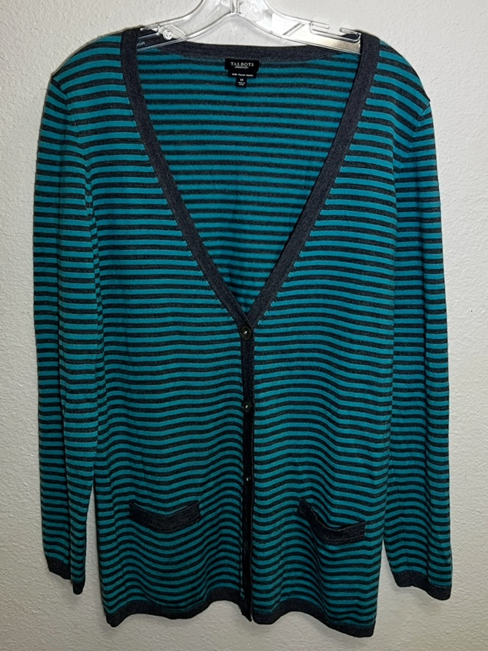 Talbots Teal Blue Gray Striped V-Neck Cardigan Medium Preppy Italian Merino Wool